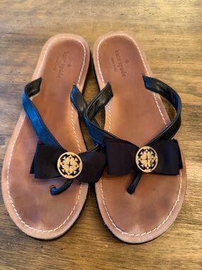 kate spade Black Ribbon Bow Leather Thong Sandals with Gold Medallions 7.5
